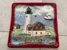 NEW Wool Needlepoint Throw Pillow Cover Red Wood Island Lighthouse Maine 14"x14"
