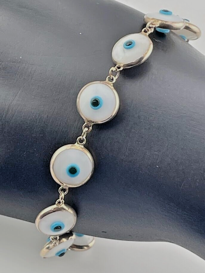 925 STERLING SILVER 10.5MM GLASS EVIL EYE BRACELET 7.25