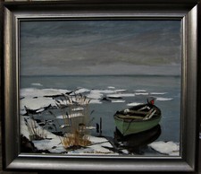 Nils Bertil Johansson, Winterliche Szene mit ankerndem Nachen, datiert 1972