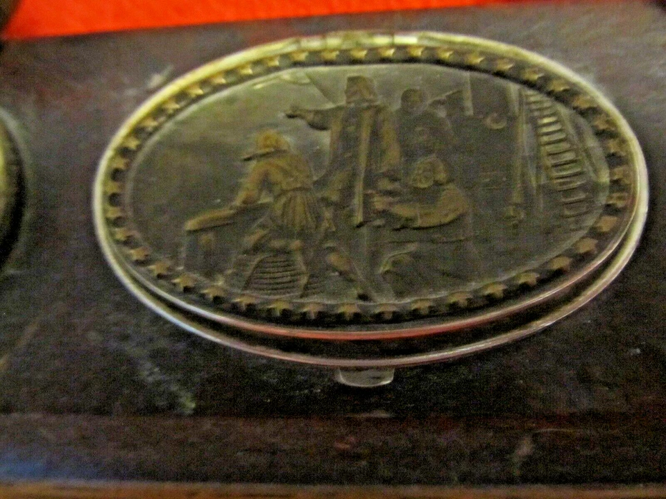 Antiguo juego de escritorio COLUMBUS de madera y plata doble tintero "Old Estate" Foto 2 de 4