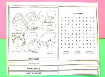 WORD SEARCH KIDS 24 WIPE-OFF LARGE 17 x 11 IN. ANIMALS, FOOD, TOYS LAMINATED