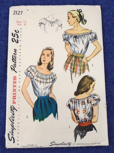 Vintage 40s Simplicity Pattern 2127 Scoop Neck Peasant Blouse 32"