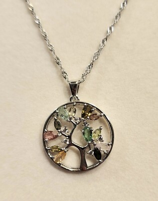 Lebensbaum Anhänger ~ Multi-Turmalin Rhodium über Sterling Silber 925