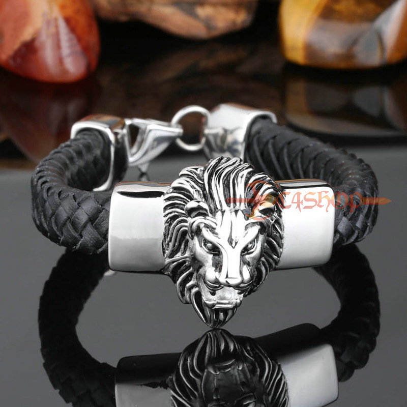 Heavy Silver Stainless Steel Lion Head Black Genuine Leather Men's