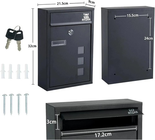 Lockable Post Box Mailbox Steel Matt Black Wall Mounted 2 Keys Outdoor Mail Box - Picture 4 of 9