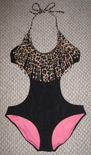 NWT VICTORIA'S SECRET PINK XS LEOPARD FRINGE MONOKINI ONE PIECE BATHING SWIMSUIT