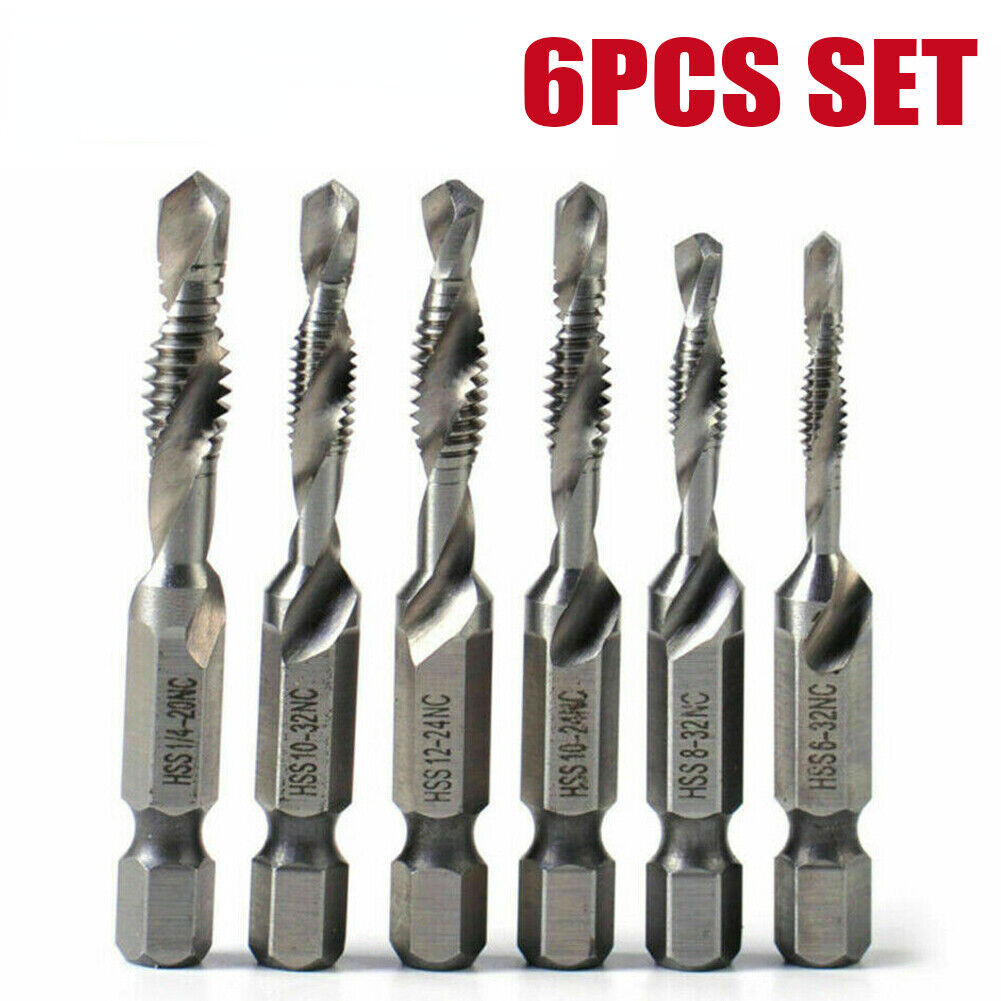 6pcs HSS 1/4" Hex Shank SAE Drill Tap Combination Bit Set Deburr