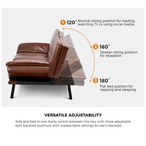 Oikiture Sofa Bed Futon Recliner Lounge Couch Convertible Leather 3-Seater Brown - Picture 3 of 10