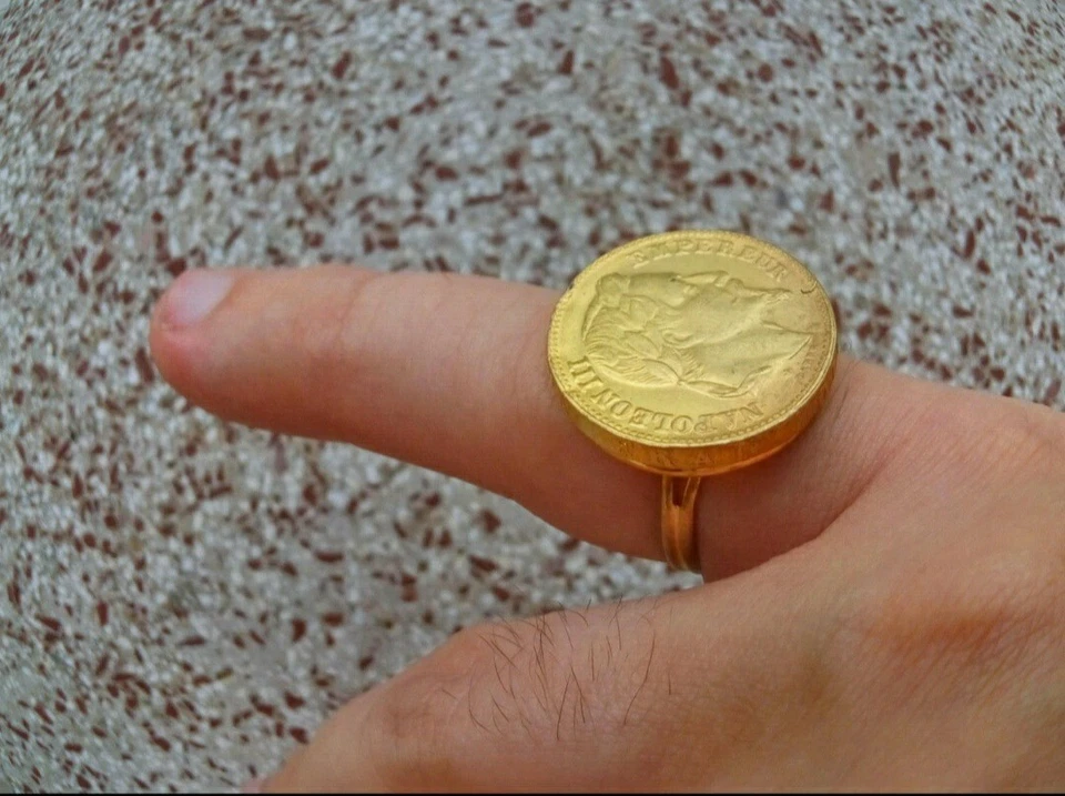Bague Chevalière Napoléon III 20 Francs Doré Or Fait Main - Photo 4/4