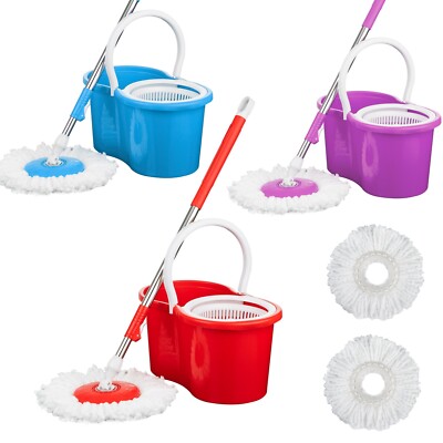 360° Spin Boden Mop Eimer Set Mikrofaser 2 Köpfe Wringer Zuhause Industrieboden