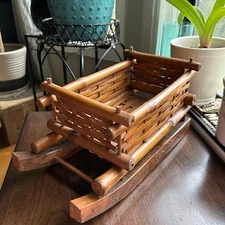 Vintage Large Woven Wooden Bamboo Holiday Sleigh Sled Basket Centerpiece Decor