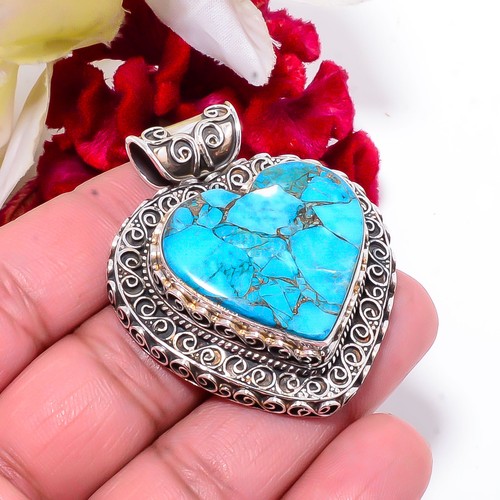 Heart - Copper Blue Turquoise Fine Art 925 Sterling Silver Pendant 1.95 Sku21