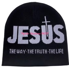 JESUS Knit Beanie: The Way The Truth The Life BLACK W/GRAY LETTERS Warm Winter