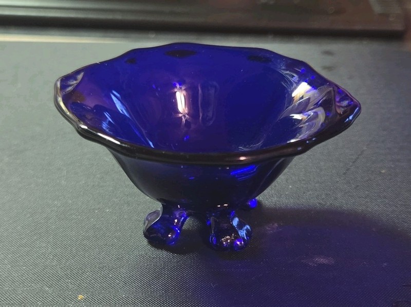 Vintage Cobalt Blue Glass Footed Open Salt Cellar Dip Dish