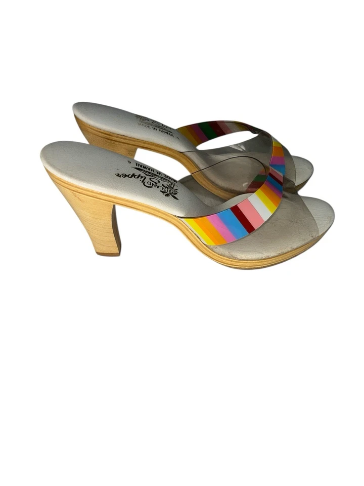 复古 20 世纪 60 年代 Island 拖鞋木跟凉鞋 透明提基夏威夷 MCM 6 — 第 3/4 张图片