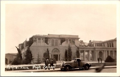 Polytechnic High School Earthquake Damage RPPC Vintage Postcard 1930s Car