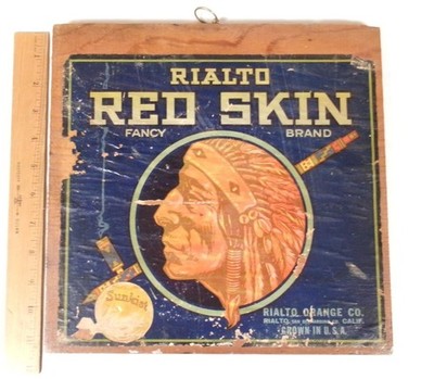Wood Crate Fruit Advertising Box End Section: Rialto Red Skin Sunkist Oranges