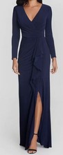 Betsy  Adam Women's Blue Long Sleeves High-Slit Evening Gown Dress Size 16