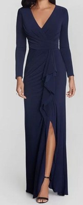 Betsy & Adam Women's Blue Long Sleeves High-Slit Evening Gown Dress Size 16