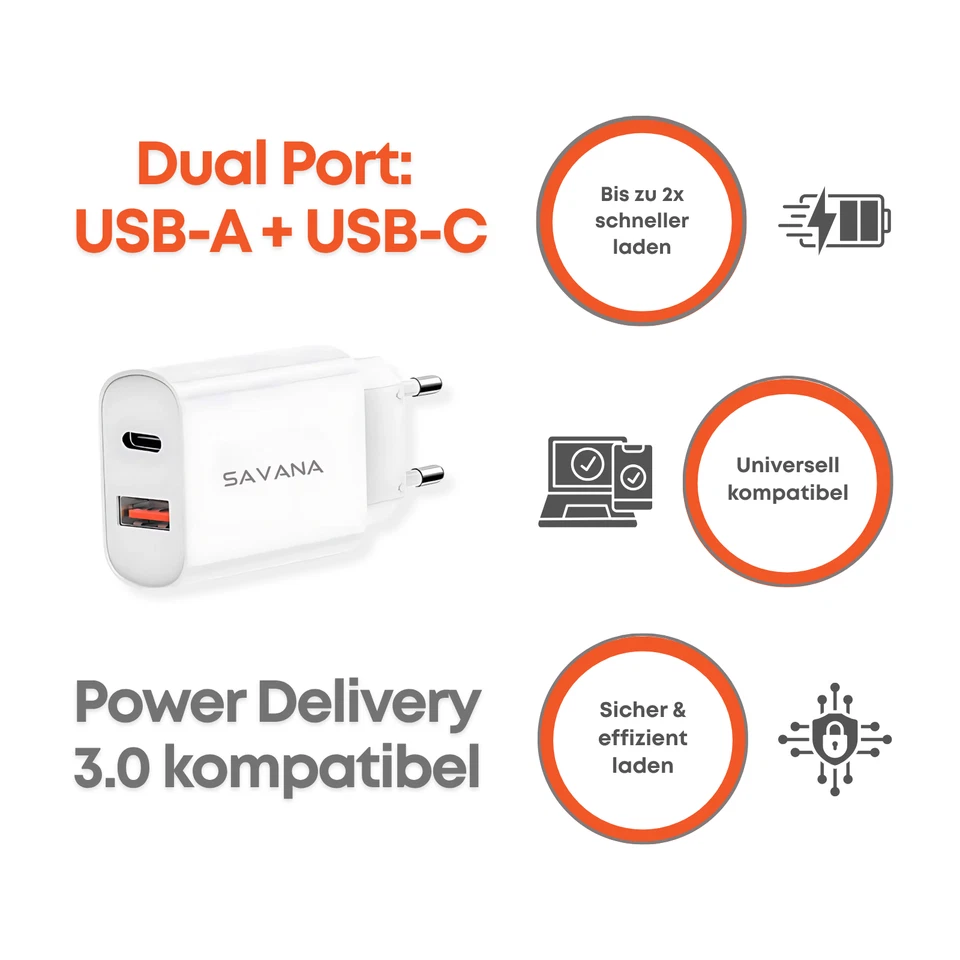 SAVANA 30W DUAL USB-A+C Schnellladegerät Netzteil Adapter Charger ink 1.2M Kabel - Bild 3 von 4