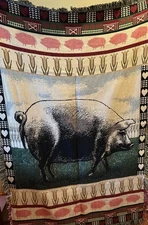 Vintage Woven Farm Barn Pig w/ Corn Hearts Cotton Afghan Throw Blanket 48 X 72"