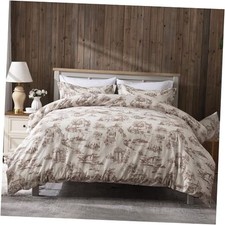 Vintage Linen Duvet Cover Set Landscape Printed 88" x 92" Queen Coffee