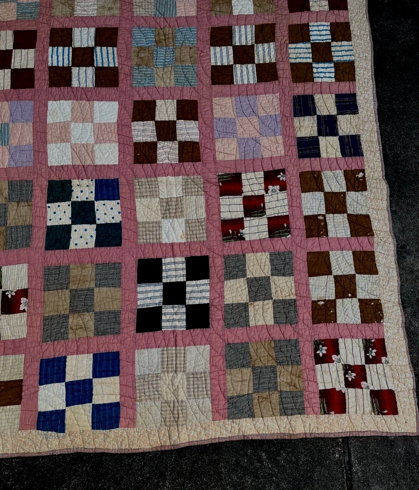 Nine Patch Quilt 1930s Concentric Arcs Hand-Pieced & Quilted Cotton 72” X  63” - Image 3 of 4