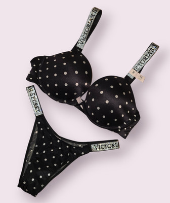 Victoria's Secret Very Sexy Shine Strap Push-up Bra Set Black Dot 34C  S M NWT