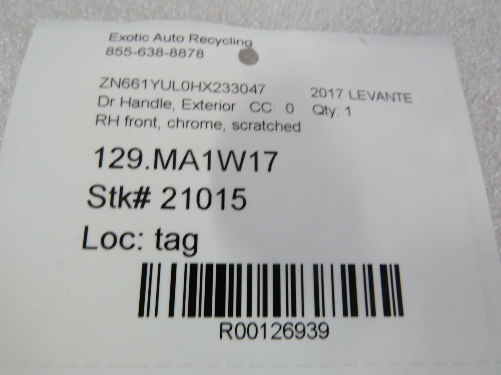 Maserati Levante, RH, Right, Front Door Mechanism w/ Chrome Handle, Used 