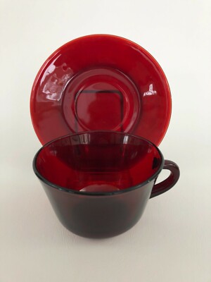 Anchor Hocking ruby red glass cup & saucer ROYAL RUBY c.1938+