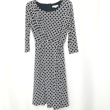 Coldwater Creek Faux Wrap Tie Dress Size 8 Black White Geometric 3/4 Sleeve