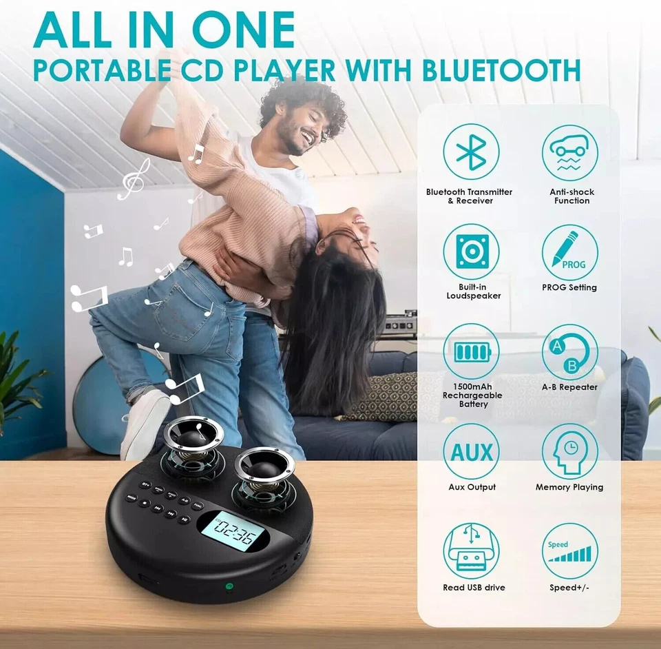 Tragbarer CD Player mit Bluetooth Lautsprecher Integrierte 1500mAh Akku CD - Bild 2 von 4