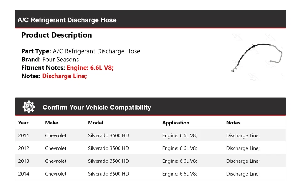 Manguera de descarga de refrigerante de CA para Chevrolet Silverado 3500 HD 2011-14 4 estaciones Foto 2 de 4