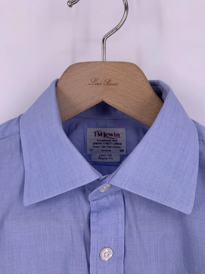 T.M. Camisa de vestir Lewin para hombre talla 17 38 abotonada puño francés regular azul Londres Foto 3 de 4