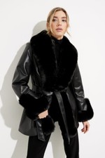 Joseph Ribkoff Black Faux Leather Fur Long Line Coat 233927 Size Xs Rrp £345.00