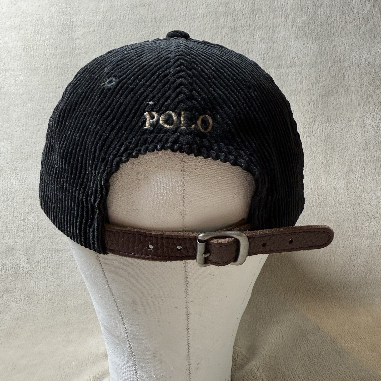 Cappello vintage Polo Ralph Lauren uomo nero velluto a coste pelle cinturino posteriore pony casual