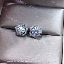 3Ct Lab Created Diamond Push Back Flower Halo Stud Earrings 14K White Gold Over