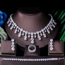 Wedding Brides Silver Plated Leaf CZ Necklace Bracelet Earrings Ring Jewelry Set