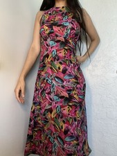 SUMMER SALE Pink Long Dress Floral Sheer High Neck Boho Size Small
