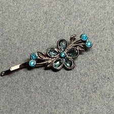 Bobby Pin Hair Clip 2 In Floral Turquoise Rhinestone Gunmetal Silver Vintage