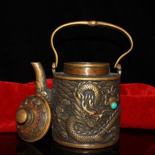 Collect Chinese old pure copper inlaid gem dragon statue wine pot decoration - Picture 6 of 9