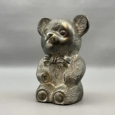 Vintage 5” Metal Teddy Bear With Bow Tie Coin Bank Made In Hong Kong