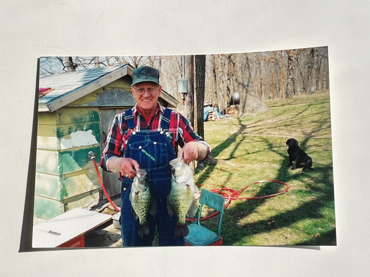 JD Photograph Cute Old Man Overalls Showing Off Big Crappie Fishing Catch