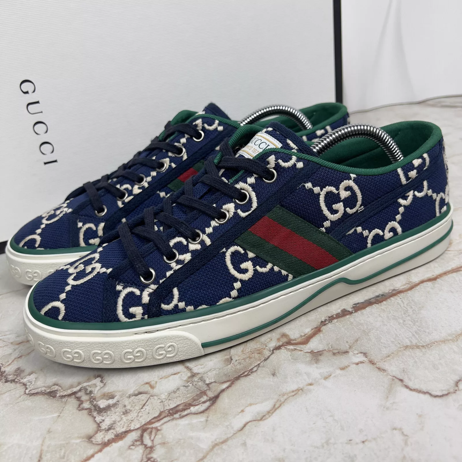 Baskets Gucci Tennis 1977 Web Maxi GG monogramme tissu bleu encre 9 G 9,5 US