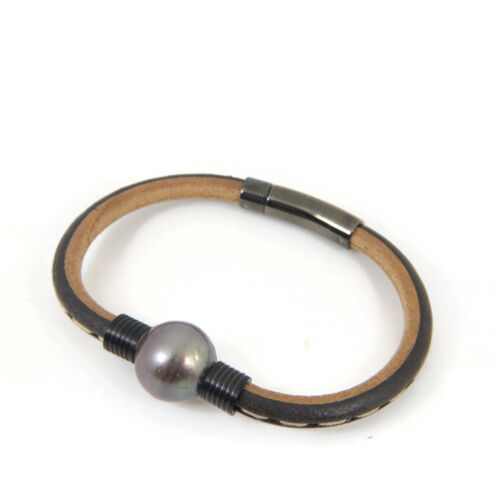 Bracelet homme en cuir cousu 6 mm avec énorme perle tahitienne authentique 15,6 mm #LB409 - Photo 1 sur 8