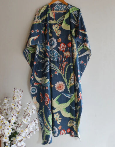 Women Cotton Blue Summer Sleepwear Beach Cover Bird Printed Long Caftan Dress