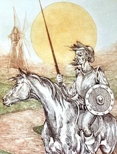 Vintage Evelyn Rysdyk Chivalry Woodblock Litho Art Quixote Horse Windmill Sun