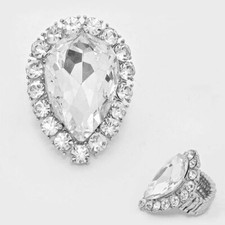 Stretch Crystal Clear/ Silver Rhinestone Teardrop Stretch Cocktail Ring