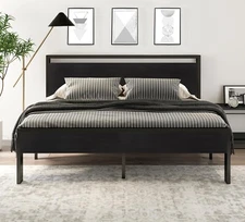 King Size Metal Platform Bed Frame with Wooden Headboard and Footboard Black Oak