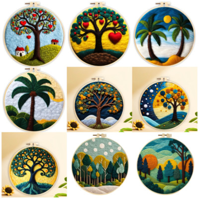 DIY Wool Needle Felted, Landscape Of Trees Felting With Frame, Christmas Gifts